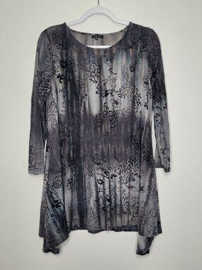 Como No gray black grunge asymmetrical hem dark boho pull over top size medium